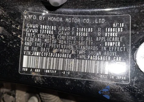 2018 Honda Civic Ex-L z USA, uszkodzony, nr VIN JHMFC1F79JX038670